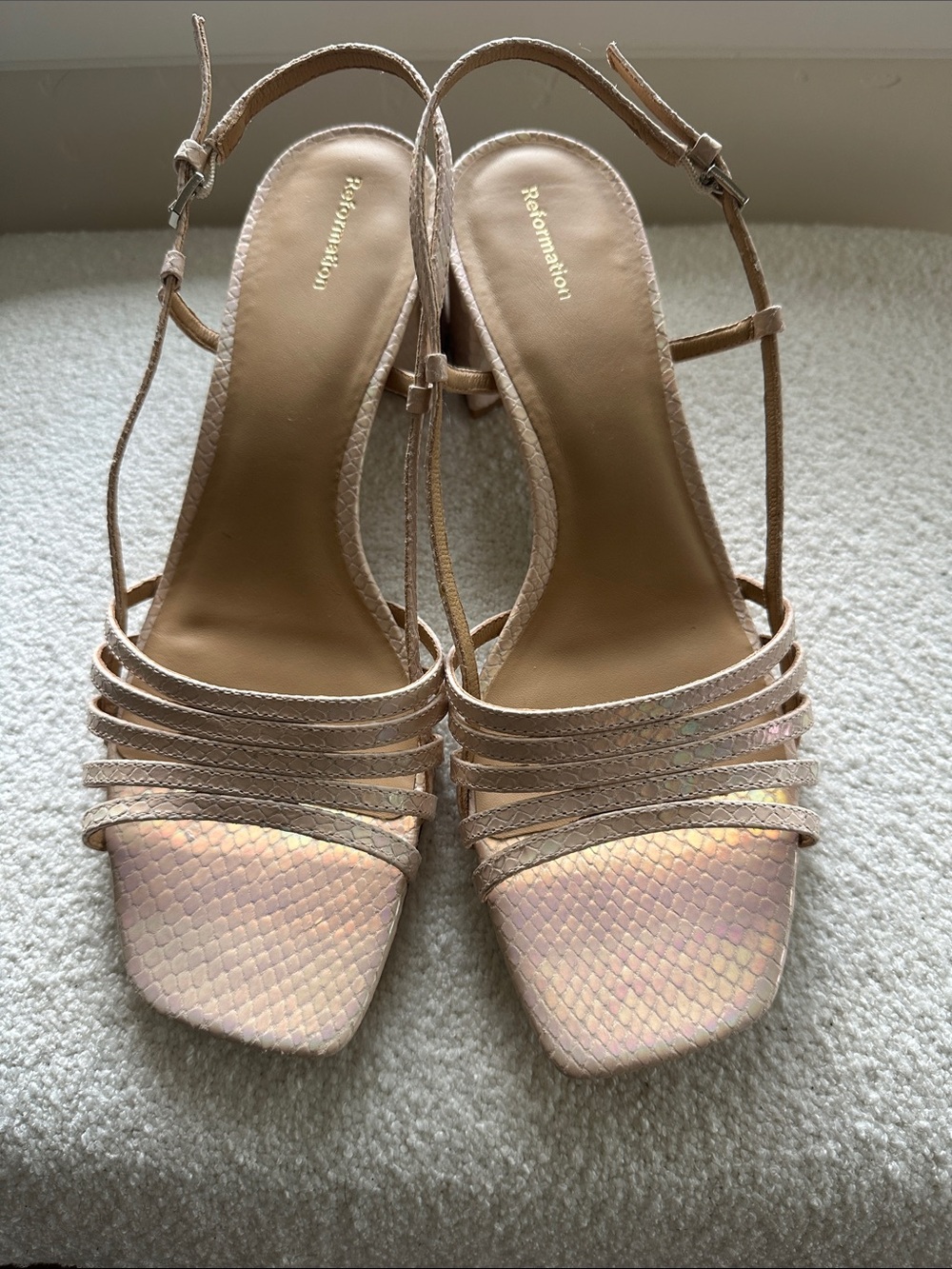 Reformation Iridescent Blush Multi-Strap Heeled Sandals